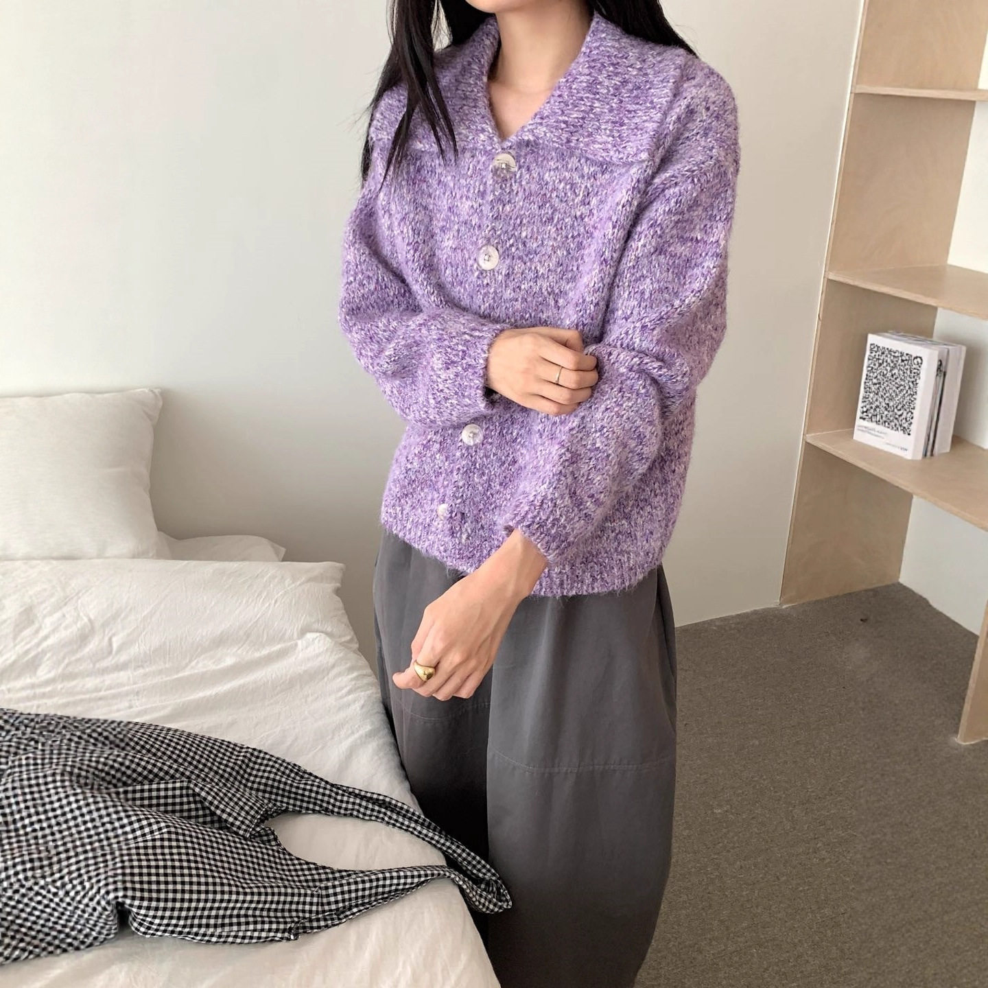 “翻领毛衣”秋冬韩系马卡龙杂色复古百搭圆领单排扣宽松针织开衫