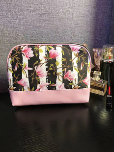 出口欧美黑白条花卉粉色PU防水化妆包超大容量洗漱包差旅包收纳包