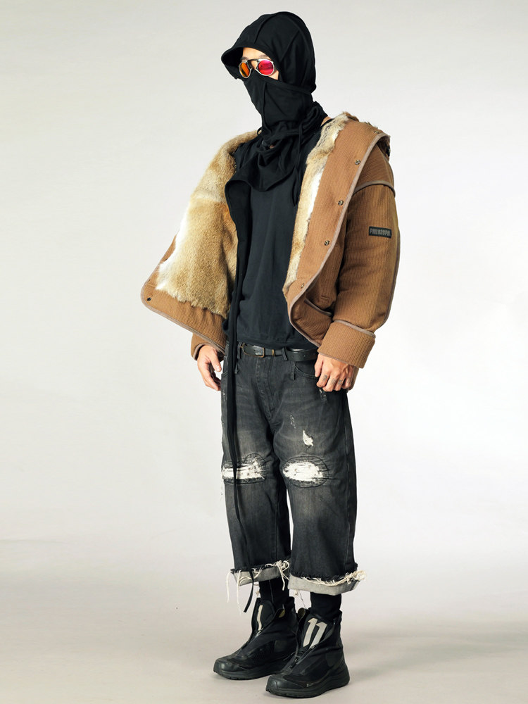 chaunk先锋沙丘废土风安哥拉兔毛内里保暖连帽廓形皮草羽绒服男潮