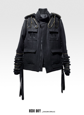 CHAUNK自主先锋暗黑DH风格定制走秀款皮草镶边手工毛呢夹克男