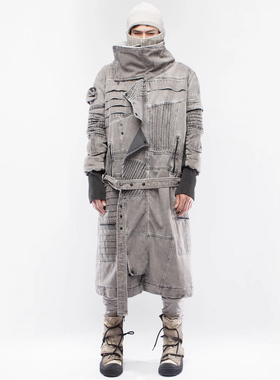 CHAUNK自主先锋沙丘DEMO废土风不对称做旧羊羔毛长款大衣夹克男潮