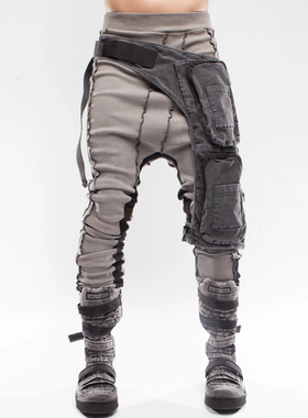 CHAUNK先锋废土沙丘DEMO成衣染色做旧撞色镶边修身打底纯棉卫裤男