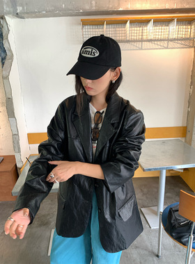 HZ 韩系高级感黑色皮衣西装外套女秋冬宽松机车夹克530834