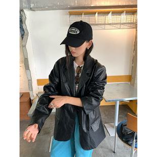 HZ 韩系高级感黑色皮衣西装外套女秋冬宽松机车夹克530834