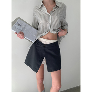 DT 春季新品设计感腰头撞色拼接系扣开叉短裙女春夏假两件裙子
