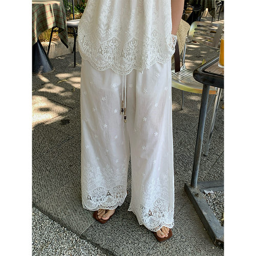 NEW 2026夏日焕新 宽松显瘦抽绳镂空刺绣白色直筒休闲裤女 C8796