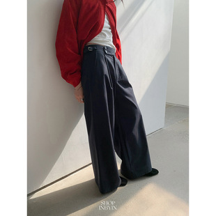 IBY 2026春款小众设计侧门襟高腰休闲裤子女款压褶宽松显瘦阔腿裤