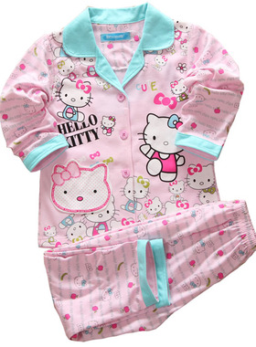 春秋女童睡衣 hellokitty猫 宝宝家居服 棉儿童睡衣 长袖套装卡通