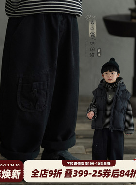 砚台家童装男童黑色加绒休闲裤冬款直筒裤男宝宝牛仔裤儿童裤子厚