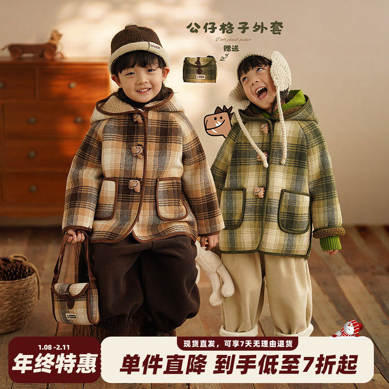 砚台家森系男童格子外套儿童卡通连帽夹克宝宝加绒保暖衣服秋冬装,童装/婴儿装/亲子装,普通外套,淘宝优惠券,粉丝福利购,淘宝优惠卷