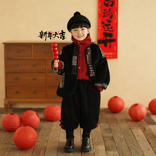 砚台家童装男童格子拼接棉服儿童毛毛外套幼童内搭麂皮上衣秋冬装