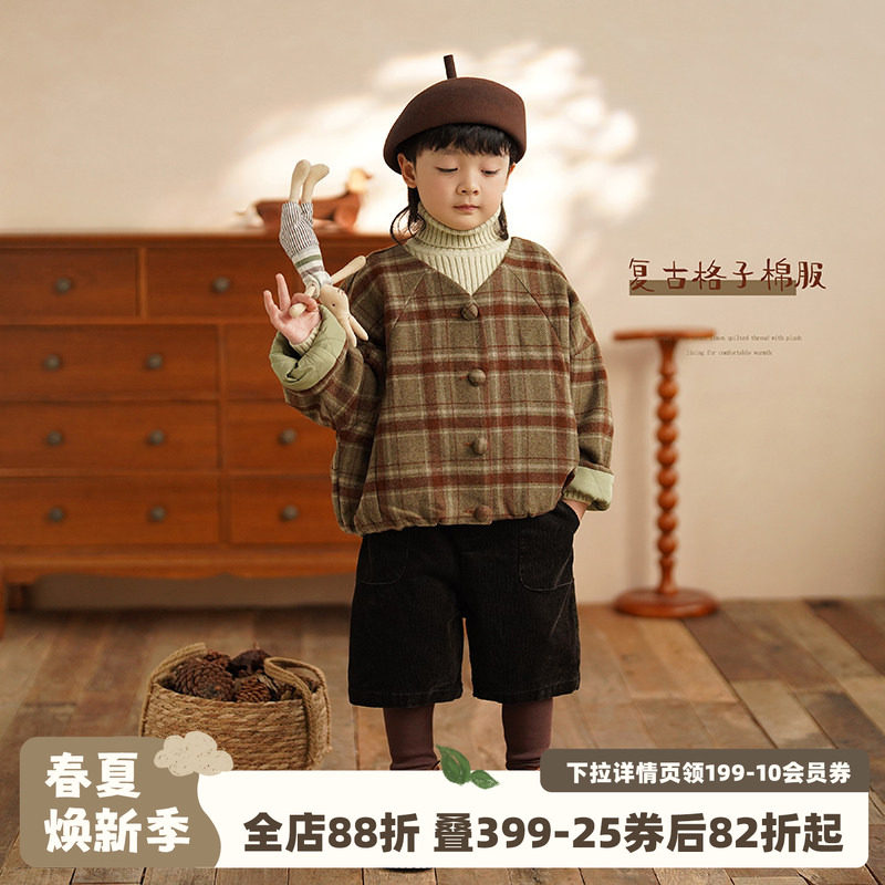 砚台家复古男童毛呢外套儿童格子夹克男宝宝夹棉衣服短款冬季新款