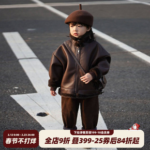 砚台家儿童冬装男童立领皮夹克幼童加绒外套中小童男孩皮衣加厚潮