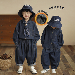 砚台家男童牛仔套装春装衣服幼童牛仔裤儿童长袖衬衫加绒两件套冬