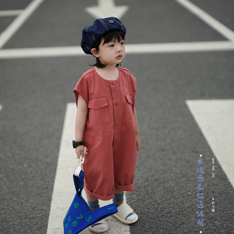 砚台家童装儿童无袖连体短裤男女童背带裤宝宝后背字母夏季西红色
