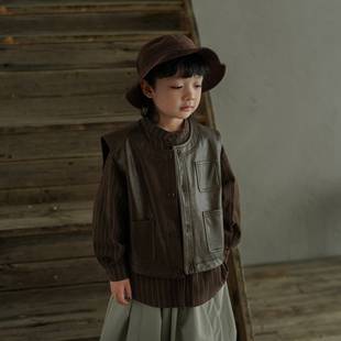儿童无袖 童装 背心中大童坎肩 潮酷时尚 砚台家男童复古皮衣马甲秋装