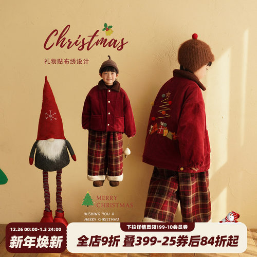 男童夹棉厚外套圣诞衣服红色年服