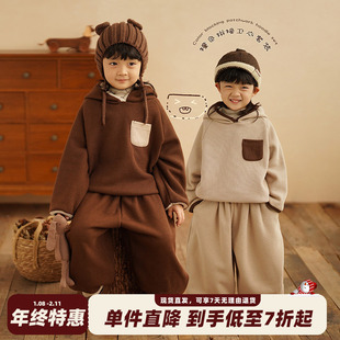 砚台家童装儿童加绒套装男女童连帽卫衣幼童休闲裤两件套冬装新款