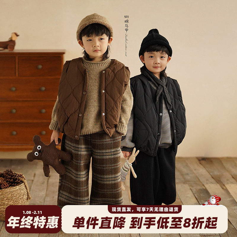 砚台家韩版男童马甲儿童绗棉背心男女宝宝格纹坎肩外穿秋冬装黑色