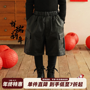 砚台家童装儿童一体绒靴裤春秋新款男童加厚皮裤男宝宝黑色长裤子