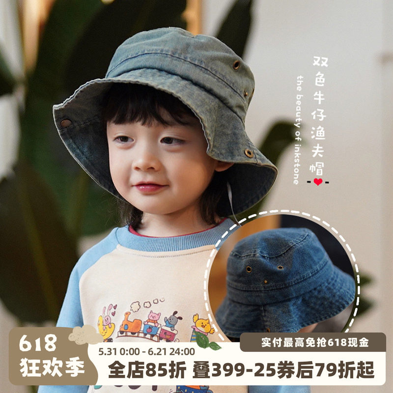砚台家儿童牛仔渔夫帽原宿风男孩大檐盆帽宝宝户外遮阳帽夏秋款潮