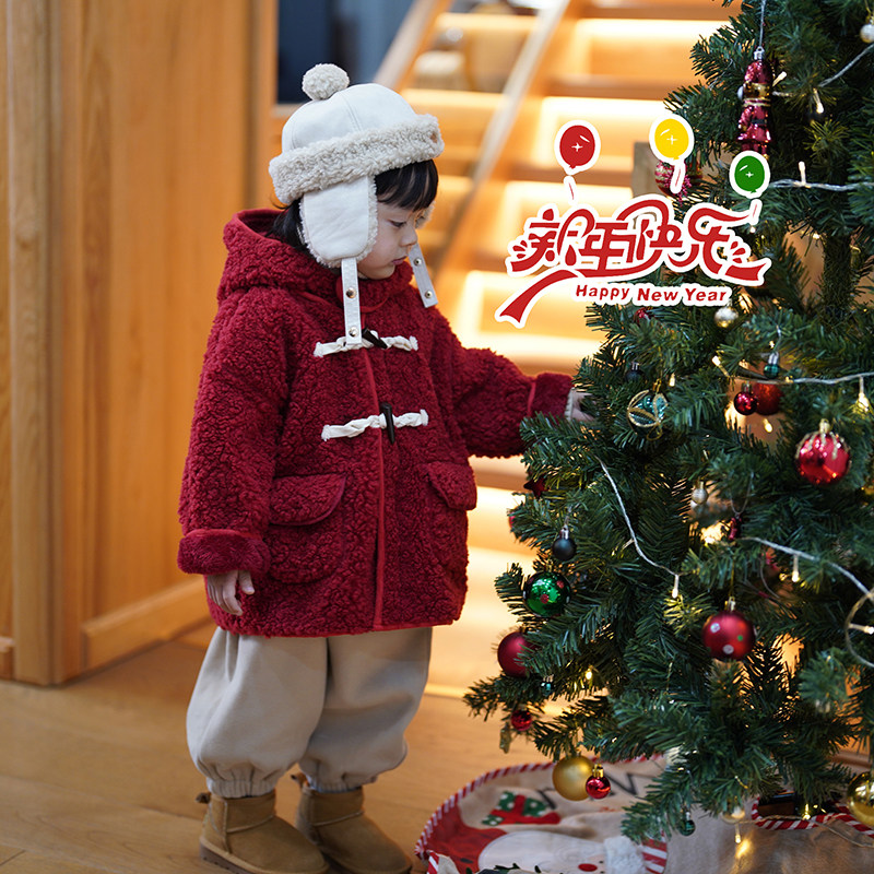 砚台家童装男童韩版红色外套厚冬装新年拜年服上衣儿童牛角扣大衣