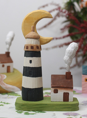 治愈系 礼物 青木凡月亮灯塔创意家居装饰礼品木质工艺品摆件现货