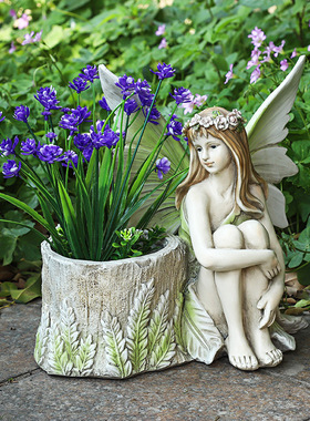 乡村园艺装饰工艺品少女花仙子欧式创意花缸家居摆设树脂雕像