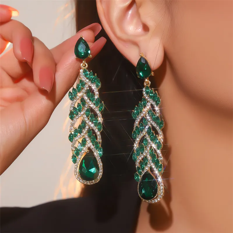 欧美跨境 时尚玻璃水钻长款耳环女 夸张水晶宝石耳钉耳饰earrings