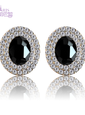 日韩时尚复古夸张气质黑色耳钉耳扣祖母绿宝石晚宴无耳洞耳夹包邮