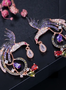 欧美复古S925银针民族风彩色凤凰汉服旗袍耳钉3A紫色锆石耳环耳饰