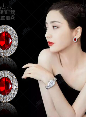 韩蓝宝石纯银针防敏耳钉黑色椭圆镶钻宫廷王妃精致无耳洞耳夹