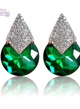 韩夸张气质防敏绿色耳环高端奢华超闪紫水晶无痛耳夹宴会耳钉