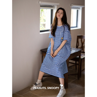 贝妍睡衣女夏季 家居服连衣裙 凉感纯棉短袖 条纹睡裙可爱史努比薄款