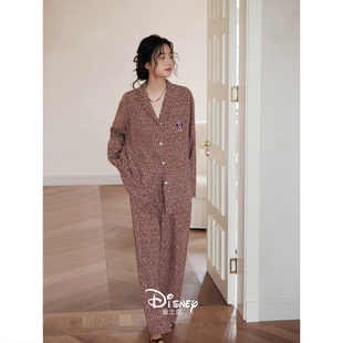 迪士尼米妮睡衣女春秋季莫代尔棉长袖开衫套装时尚豹纹大码家居服