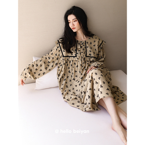 贝妍睡衣女春秋季莫代尔棉长袖睡裙可爱公主家居服法式复古连衣裙