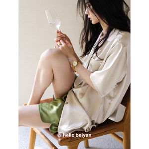 贝妍高级感睡衣女夏季仿真丝绸短袖短裤家居服薄款冰丝可外穿套装