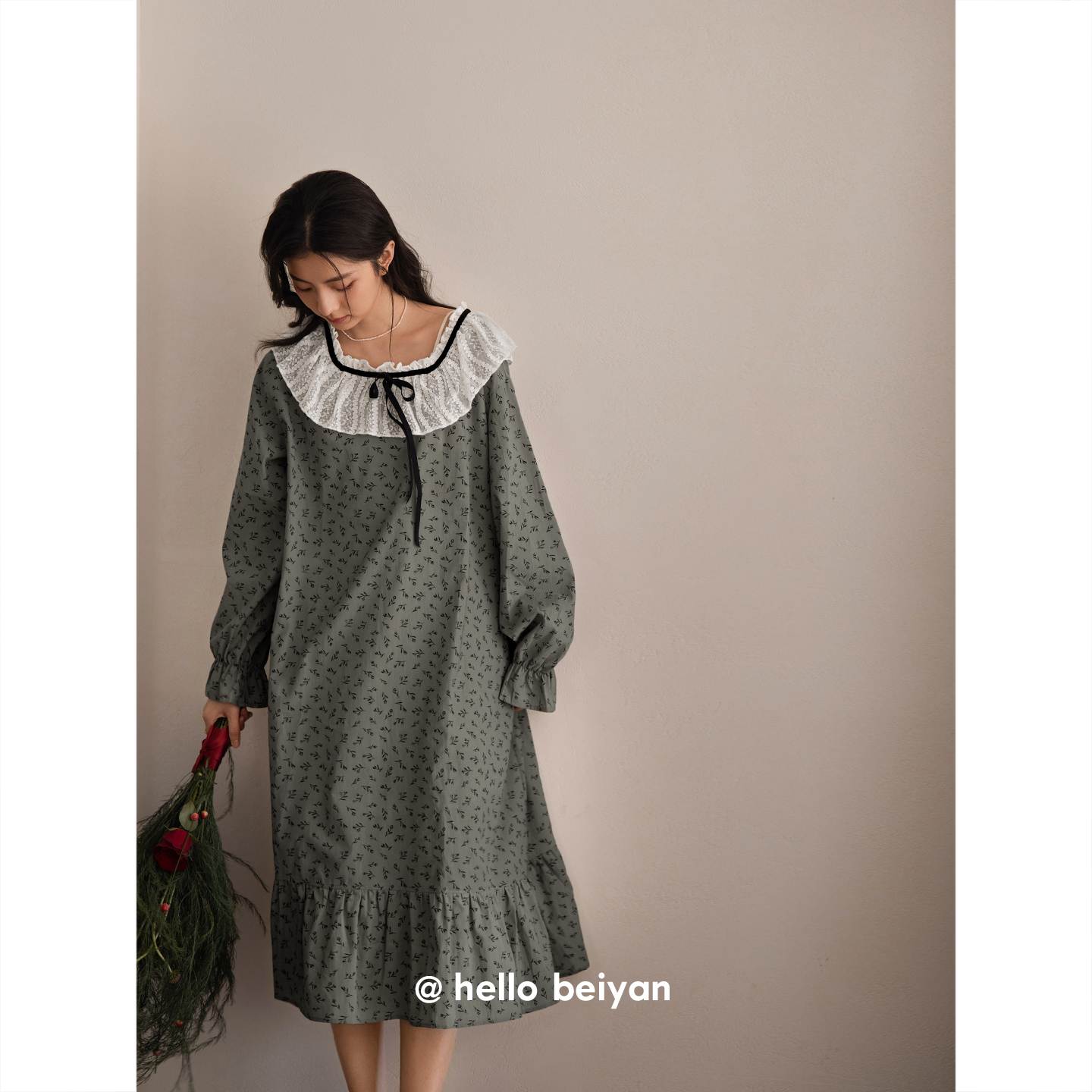 贝妍女秋温柔风长袖莫代尔棉睡裙