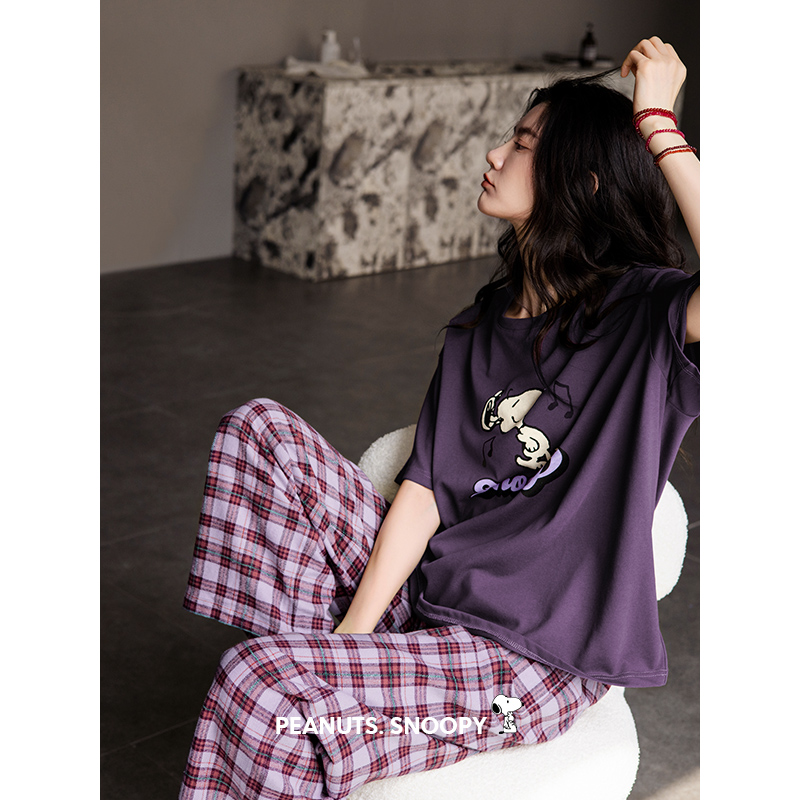 贝妍史努比纯棉短袖格子裤女套装