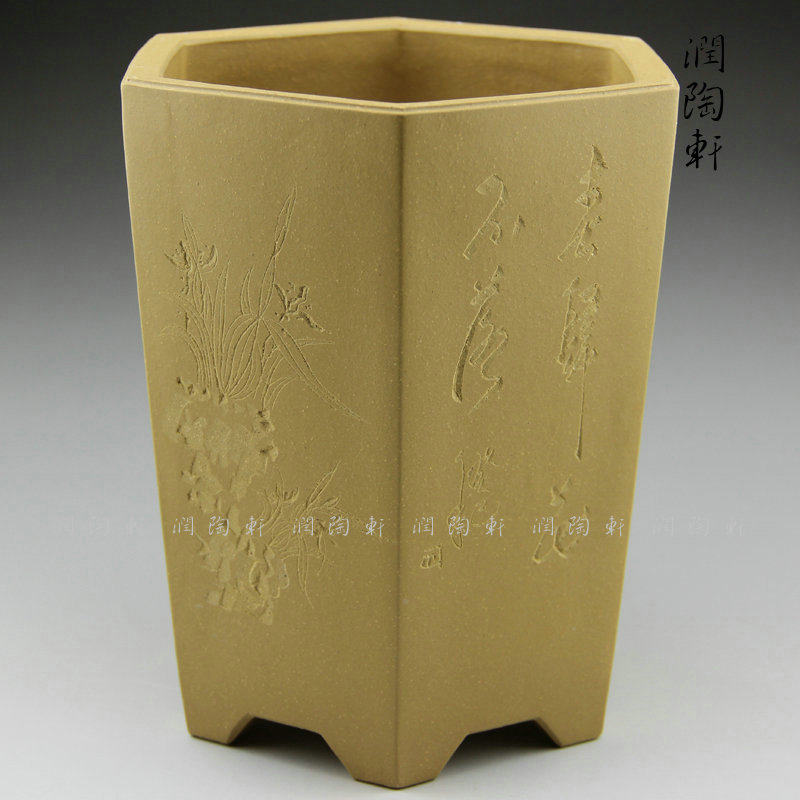 宜兴紫砂全手工陶刻兰花盆