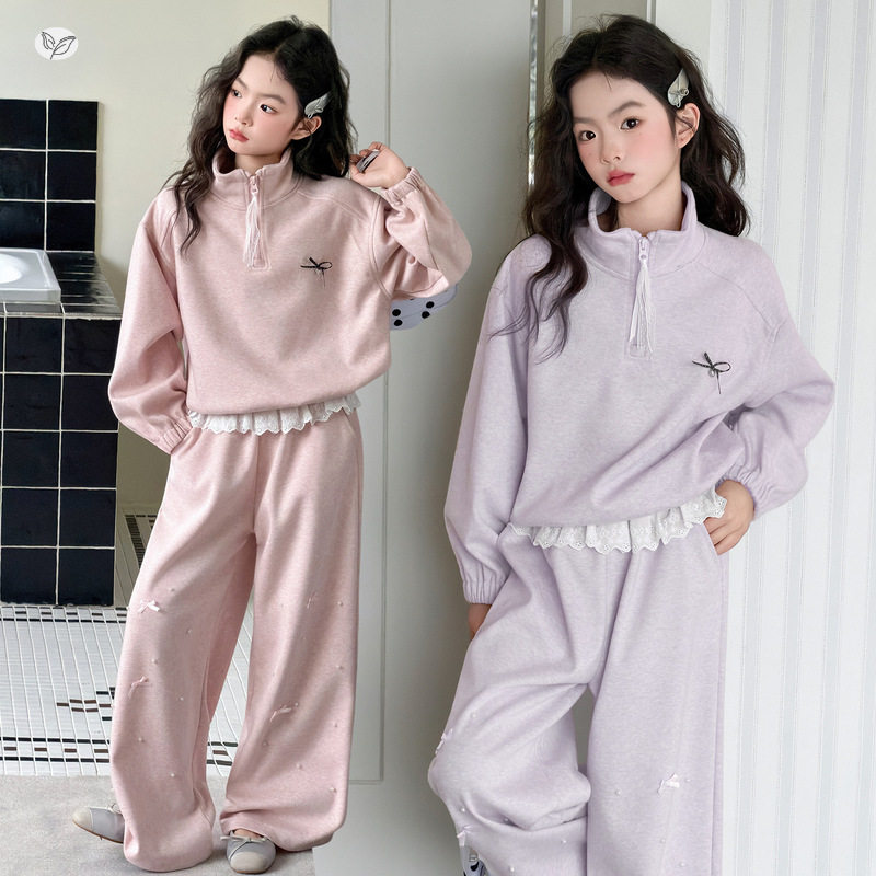女童韩范运动服套装2026春新款中大童半拉链卫衣花边卫裤春装两件