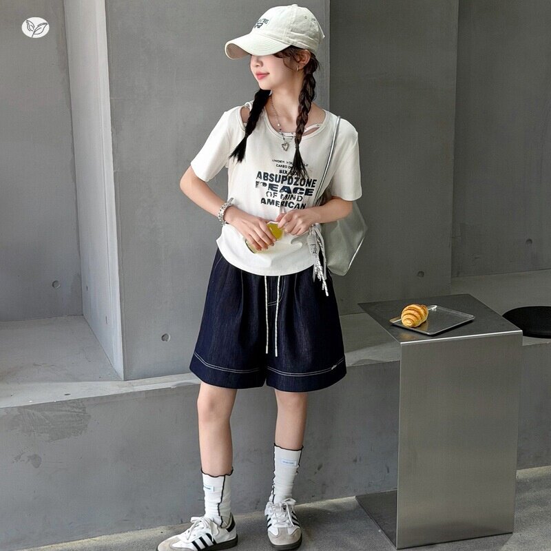 女童韩系套装2026夏季新款中大童露肩印花T恤牛仔短裤三分裤夏装