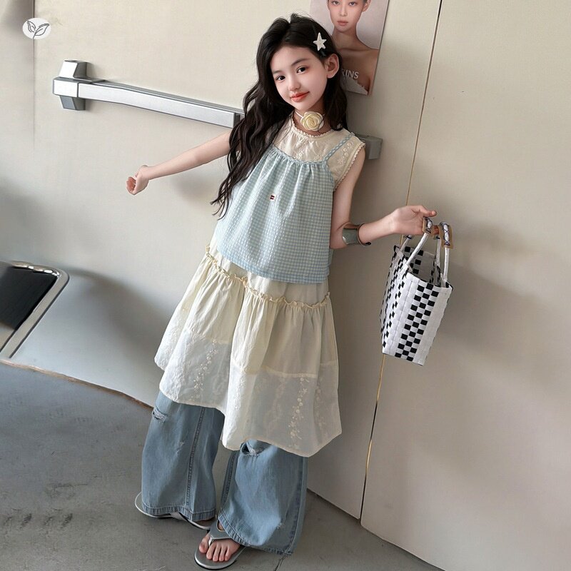 女童2026年夏季吊带层次感连衣裙破洞牛仔裤长裤中大童三件套叠穿