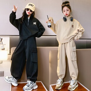 女童工装裤套装秋冬2026年新款洋气女孩休闲棉卫衣宽松儿童两件套