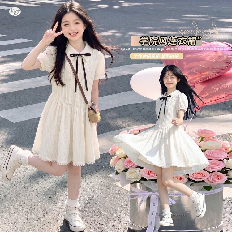 女孩学院风连衣裙2026新款儿童洋气时尚公主裙洋气中大童棉布裙12