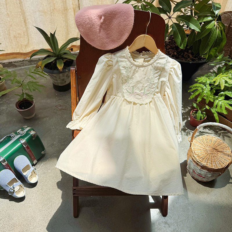 韩版花朵绣花纯色女童连衣裙纯棉2026秋款长袖翻领中小童公主裙子