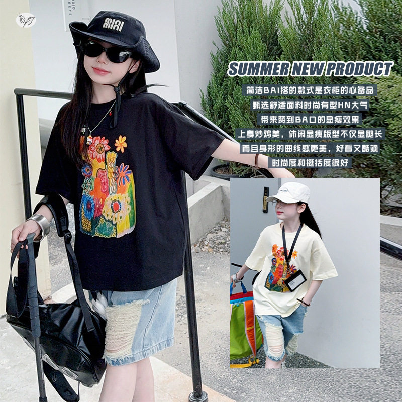 女童2026年夏季新款韩版涂鸦T恤破洞牛仔裤套装女孩宽松热裤短裤