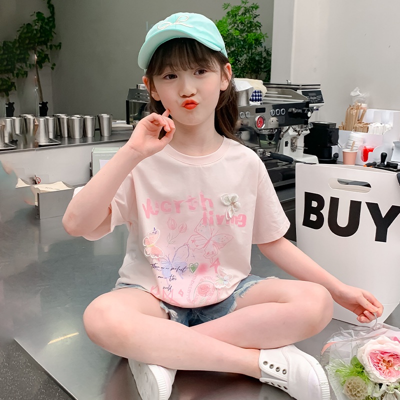 女童短袖套装2025夏季新款儿童韩版洋气T恤女大童牛仔短裤两件套