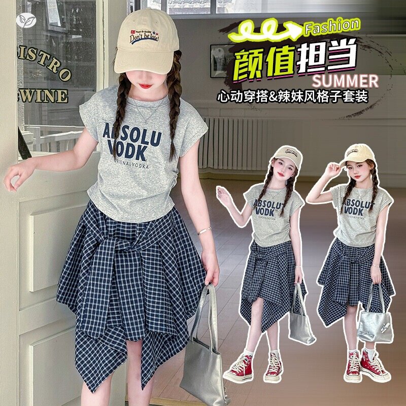 女童套装2026夏季新款中大童字母印花T恤不规则格子裙高腰半身裙