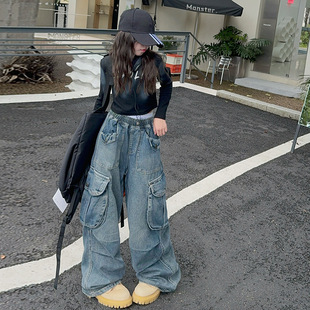 女童多口袋炸街工装阔腿裤2026新款儿童春秋装街舞嘻哈潮裤子